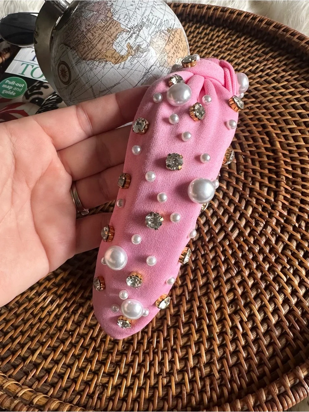 Embellished Knotted Pink Headband with Pearls and Rhinestones